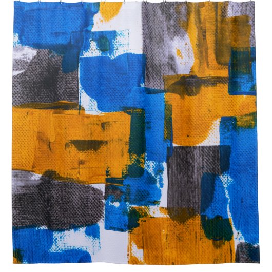 Blauwe, oranje en grijze abstracte kunst douchegordijn (Voorkant)
