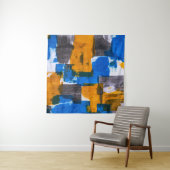 Blauwe, oranje en grijze abstracte kunst wandkleed (In Situ (horizontaal))