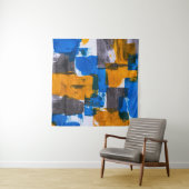 Blauwe, oranje en grijze abstracte kunst wandkleed (In situ)