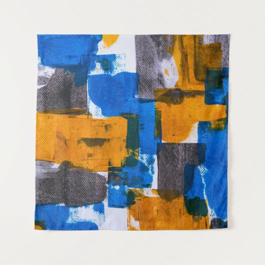 Blauwe, oranje en grijze abstracte kunst wandkleed (Voorkant)