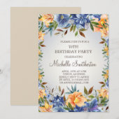 Blauwe Oranje Floral 70e verjaardag Uitnodiging (Voorkant / Achterkant)