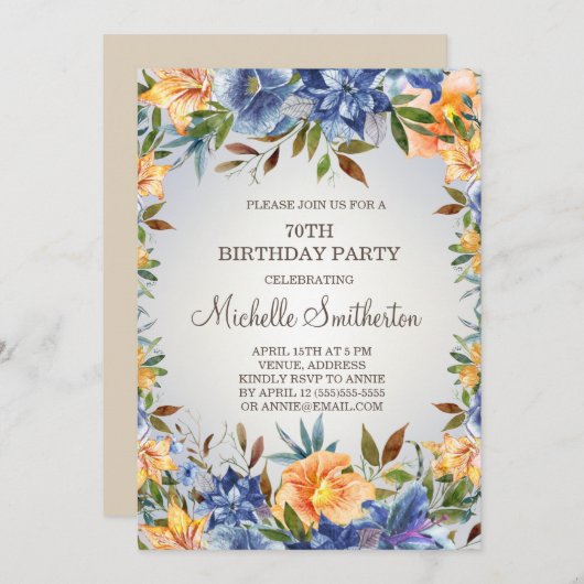 Blauwe Oranje Floral 70e verjaardag Uitnodiging (Voorkant / Achterkant)