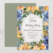 Blauwe Oranje Floral 75e verjaardag Kaart (Voorkant / Achterkant)
