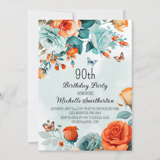 Blauwe Oranje Floral Butterflies 90th Birthday Kaart (Voorkant)