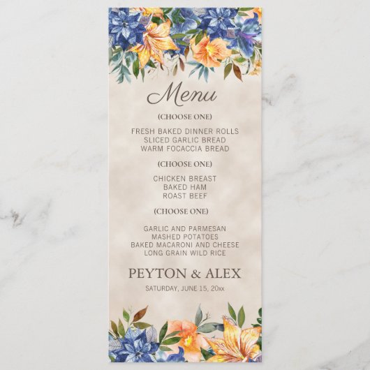 Blauwe Oranje Floral Herfst najaar bruiloft Menu (Voorkant)