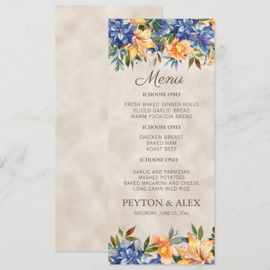 Blauwe Oranje Floral Herfst najaar bruiloft Menu (Voorkant / Achterkant)