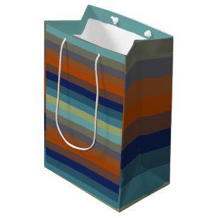 Blauwe, oranje, groene en grijze strepen medium cadeauzakje