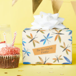 Blauwe Oranje libellen Retro Hand-Dragonfly Cadeaupapier