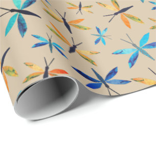 Blauwe Oranje libellen Taupe Hand-Dragonfly Cadeaupapier