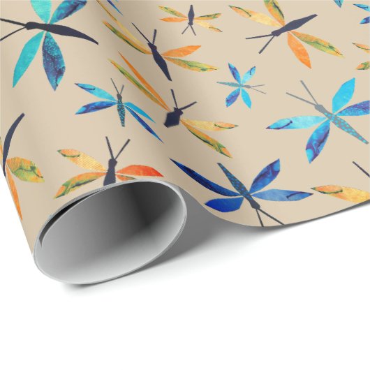 Blauwe Oranje libellen Taupe Hand-Dragonfly Cadeaupapier (Rol Hoek)