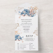 Blauwe oranje octopus koraal waterverf oceaan all in one uitnodiging (Binnen)