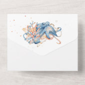 Blauwe oranje octopus koraal waterverf oceaan all in one uitnodiging (Achterkant)