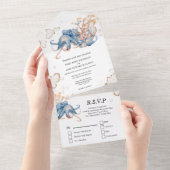 Blauwe oranje octopus koraal waterverf oceaan all in one uitnodiging (Afscheurbaar)