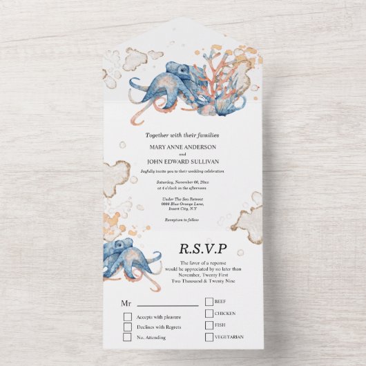 Blauwe oranje octopus koraal waterverf oceaan all in one uitnodiging (Binnen)