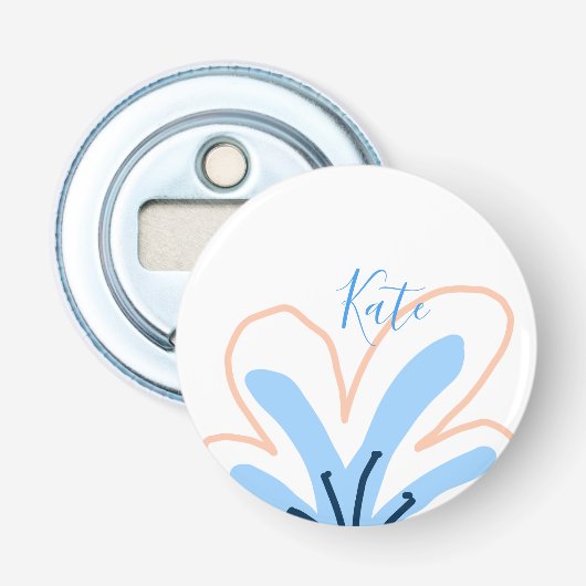 Blauwe oranje pastel bloem voeg naam toe boho retr button flesopener (Voorkant)