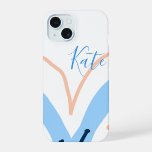 Blauwe oranje pastel bloem voeg naam toe boho retr iPhone 15 case