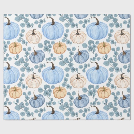 Blauwe & Oranje pompoenen en eucalyptusbladeren Cadeaupapier (Vlak)