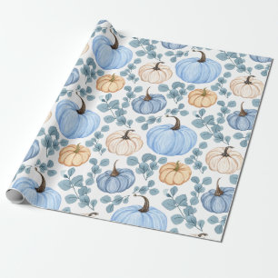 Blauwe & Oranje pompoenen en eucalyptusbladeren Cadeaupapier