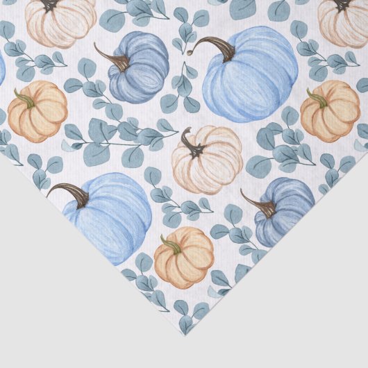 Blauwe & Oranje pompoenen en eucalyptusbladeren Tissuepapier (Detail)