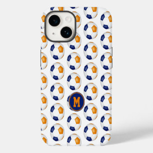 blauwe oranje voetballen patroon met monogram iPhone 14 hoesje