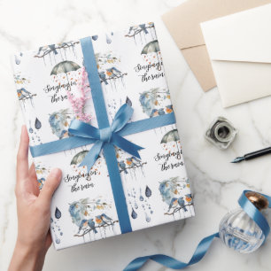 Blauwe Oranje Vogels die in de Regen Zingen Cadeaupapier