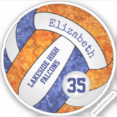 blauwe oranje volleybal met mascotte schoolnaam sticker (Voorkant)
