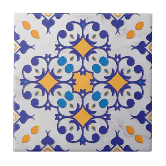 Blauwe Oranje witte marmer Portugese motifs Tegeltje (Voorkant)