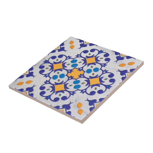 Blauwe Oranje witte marmer Portugese motifs Tegeltje (Zijkant)