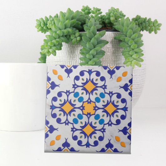 Blauwe Oranje witte marmer Portugese motifs Tegeltje
