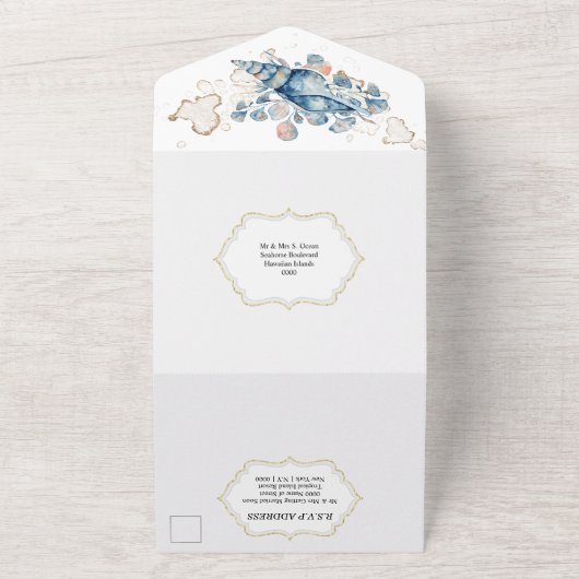 Blauwe oranje zeebodem waterverf tropisch eiland all in one uitnodiging (Buitenkant)