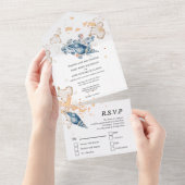 Blauwe oranje zeebodem waterverf tropisch eiland all in one uitnodiging (Afscheurbaar)