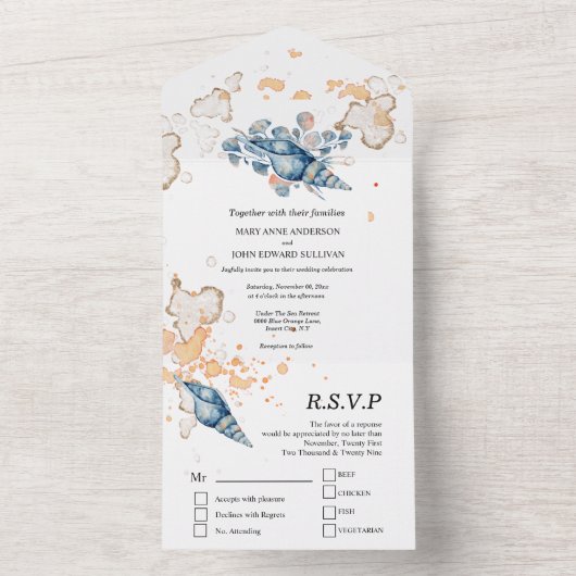 Blauwe oranje zeebodem waterverf tropisch eiland all in one uitnodiging (Binnen)