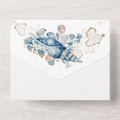 Blauwe oranje zeebodem waterverf tropisch eiland all in one uitnodiging (Achterkant)