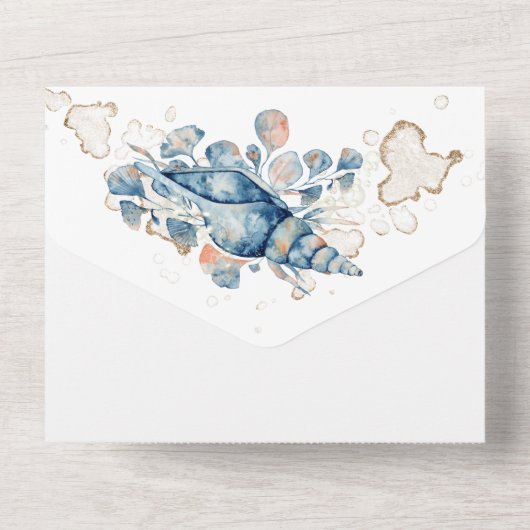 Blauwe oranje zeebodem waterverf tropisch eiland all in one uitnodiging (Achterkant)