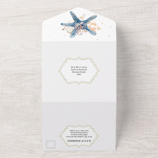 Blauwe oranje zeekoraaloceaan all in one uitnodiging (Buitenkant)