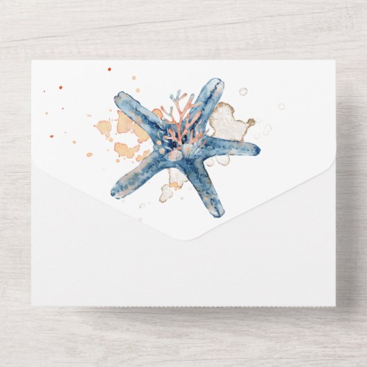 Blauwe oranje zeekoraaloceaan all in one uitnodiging (Achterkant)