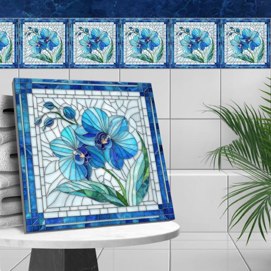 Blauwe Orchidee Bloem Mozaïek Kunst Tegeltje
