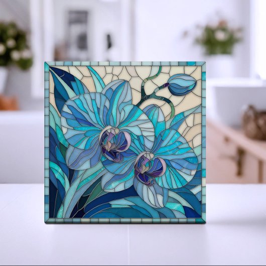 Blauwe Orchidee Bloem Mozaïek Kunst Tegeltje