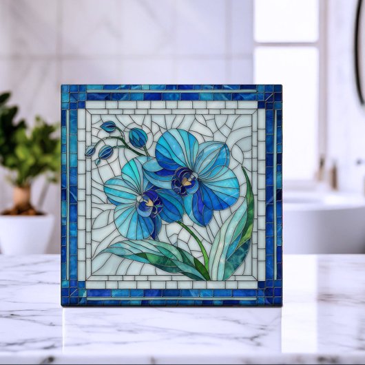 Blauwe Orchidee Bloem Mozaïek Kunst Tegeltje