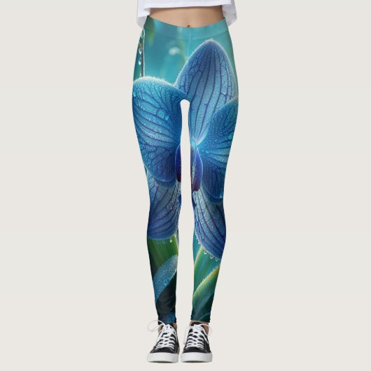 Blauwe Orchidee Bloemen Leggings (Voorkant)
