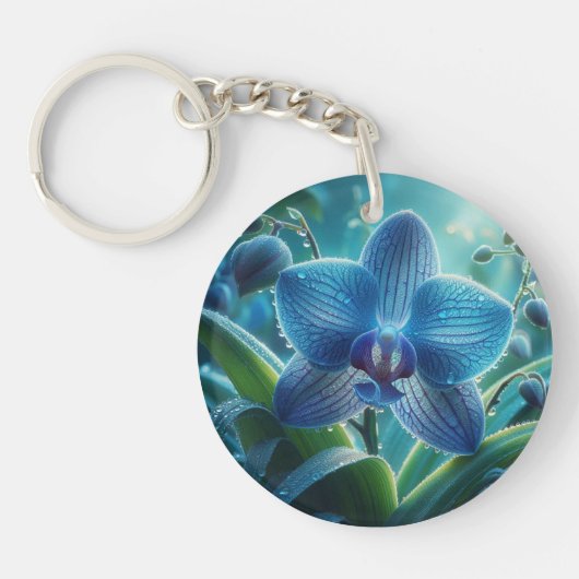 Blauwe Orchidee Bloemen Sleutelhanger (Voorkant)