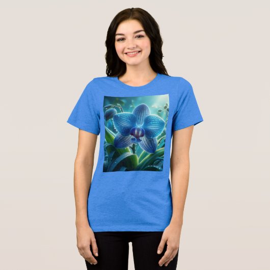 Blauwe Orchidee Bloemen Tri-Blend Shirt (Voorkant volledig)