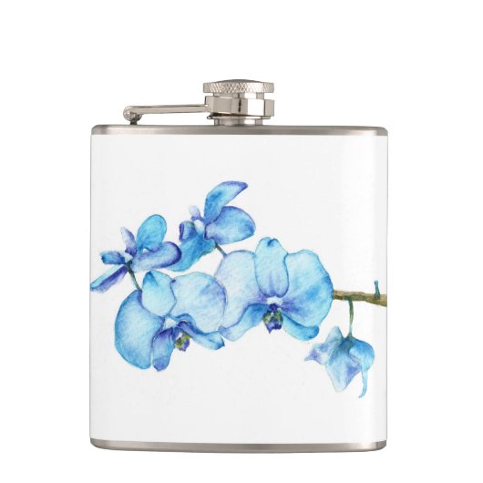 Blauwe orchidee botanische kunst heupfles (Voorkant)