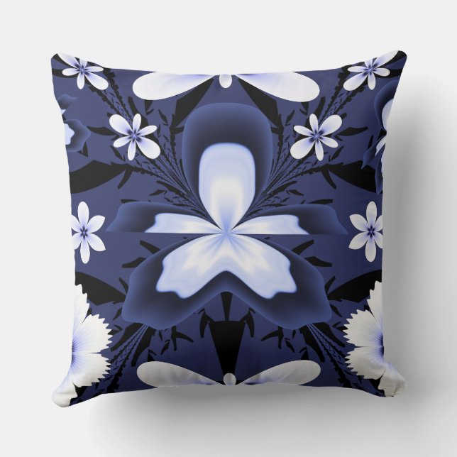 Blauwe Orchidee Elegante Bloemen Fractal Art Kussen (Achterkant)