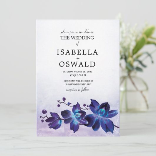Blauwe orchidee en Paarse bruiloft Kaart (Staand voorkant)