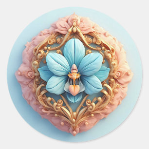 Blauwe Orchidee Gouden Frame 🌿✨ Elegante Bloemrij Ronde Sticker
