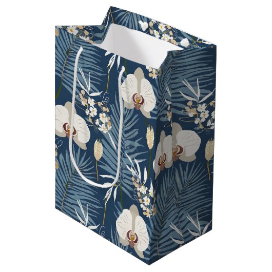 Blauwe orchidee hawaiiaanse print medium cadeauzakje (Voorkant Gekanteld)