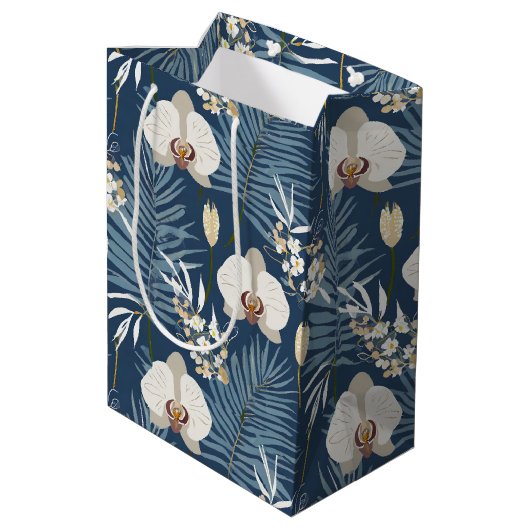 Blauwe orchidee hawaiiaanse print medium cadeauzakje (Achterkant Gekanteld)