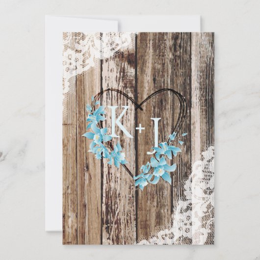 Blauwe orchidee houten kant rustieke bruiloft kaart (Achterkant)