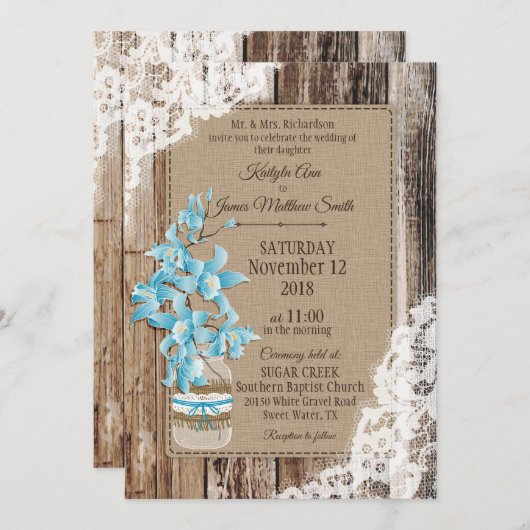 Blauwe orchidee houten kant rustieke bruiloft kaart (Voorkant / Achterkant)